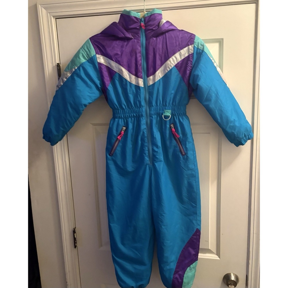 Vintage 1980s 90s Kids Ski Suit Snow Blue Purple Full Body Zip Up Youth Large
